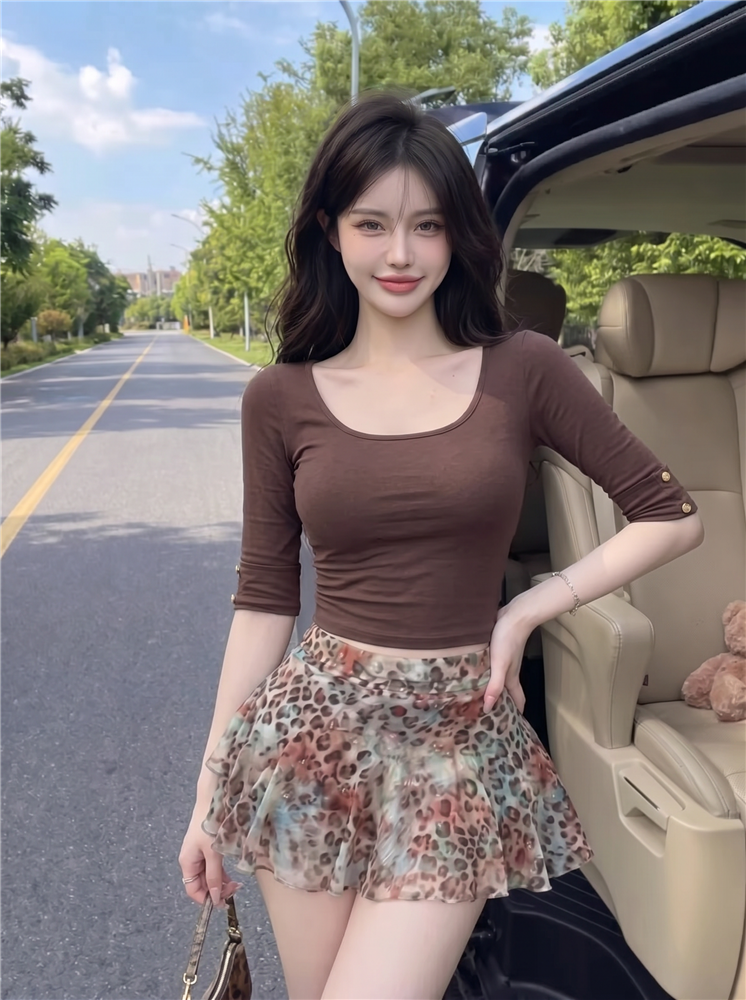 BY28563# 纯欲辣妹大U领中袖紧身显瘦弹力半袖T恤上衣 服裝批發女裝批發服飾貨源