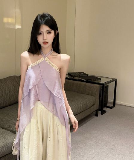 실사 정가 프랑스식 보라색 쉬폰 행침 목 여름 민소매 프릴 디자인 센스 오프숄더 맨위