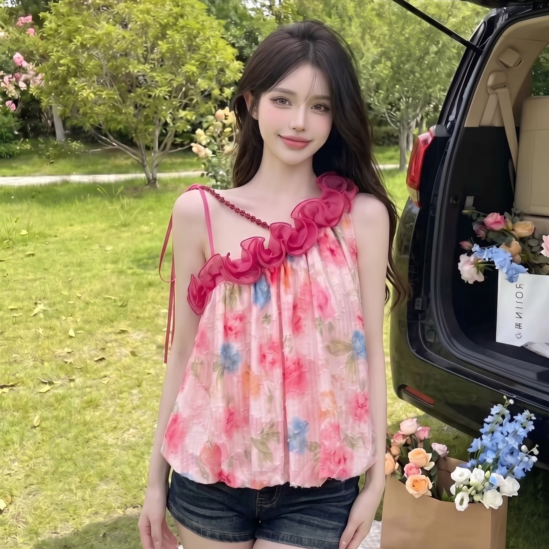 BY28557# 度假风别致无袖背心夏季甜辣花边斜肩碎花吊带上衣 服裝批發女裝批發服飾貨源