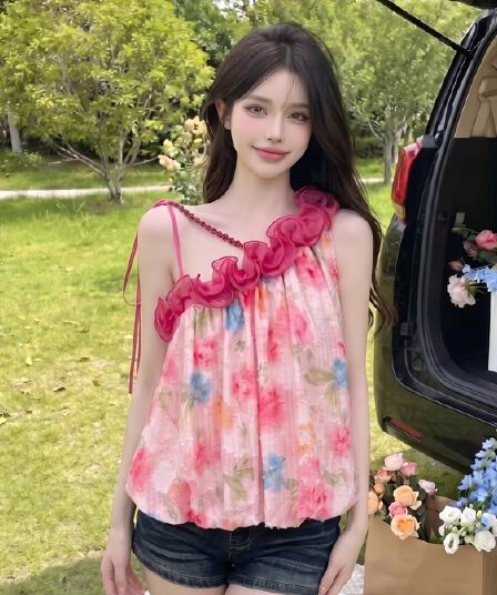 실사 정가 휴가 바람 Chic 민소매 조끼 여름 달콤한 매운맛 레이스 비스듬한 어깨 꽃무늬 슬립 맨위