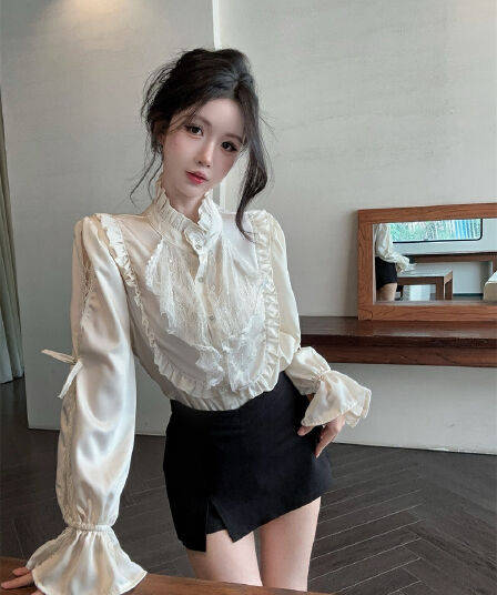 정가 실사 프랑스식 순수한 욕망 바람 레이스 레이스 패치워크 여성 셔츠 겨울 궁정 바람 셔츠 기본 셔츠 맨위