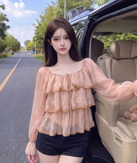 정가 실사 패션 연령 감소 라운드 넥 레이스업 레이스 레이스 작은 셔츠 여성 루즈핏 쉬폰 블라우스 아름다운 Chic 맨위
