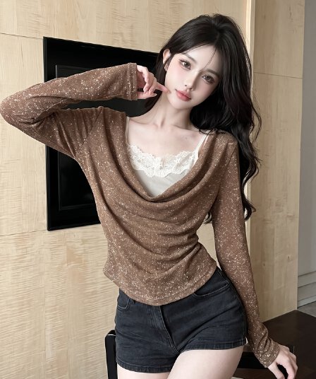 실사 정가 프랑스식 페이크 레이어드 레이스 조각 디자인 센스 흔들다 칼라 긴팔 티셔츠 헤일로 염색 주름 허리 수축 맨위