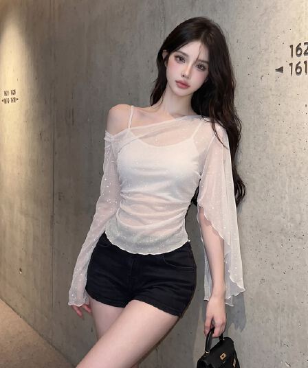 실사 분위기 센스 품격 비스듬한 어깨 망사 긴팔 티셔츠 가을 프랑스식 작은 심장 기계 마이크로 ~을 통해 페이크 레이어드 자외선 차단 블라우스