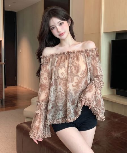 정가 실사 프랑스식 순수한 욕망 바람 오프숄더 분위기 센스 오프숄더 나팔 소매 프릴 꽃무늬 쉬폰 셔츠