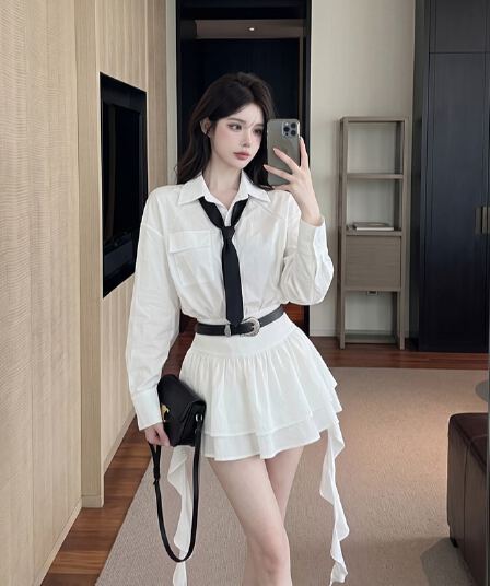 정가 실사 차가운 선풍 바람 핫걸 고급 센스 화이트 셔츠 경기 넥타이 프릴 미니 스커트 아이들 가을 세트