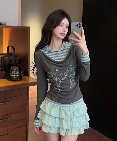 정가 실사 천년기 바람 프린트 긴팔 티셔츠 페이크 레이어드 달콤함 연령 감소 흔들다 칼라 배색 아름다운 풀오버 맨위