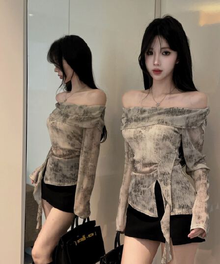 실사 순수한 욕망 살구 색상 도트 무늬 디자인 센스 오프숄더 긴팔 티셔츠 가을 디자인 센스 슬림해 보이는 불규칙 맨위