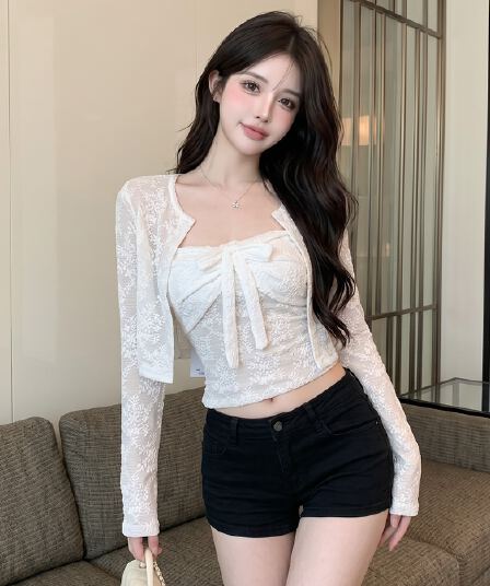 실사 정가 순수한 욕망 바람 무거운 작업 자카드 레이스 긴팔 오픈 가디건 디자인 센스 슬립 투피스 슈트