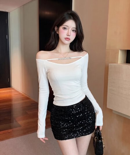 실사 정가 순수한 욕망 바람 오프숄더 홀로우 아웃 맨위 몸매 가꾸기 인사이드 가져 가라. 만나는 긴팔 다용도 디자인 센스 티셔츠