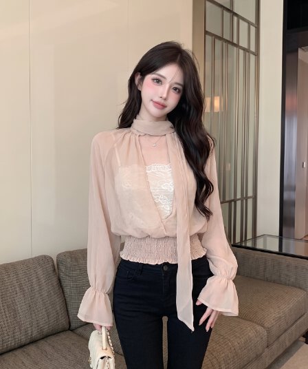 실사 느긋한 바람 페이크 레이어드 리본 칼라 주름 허리 수축 마이크로 ~을 통해 쉬폰 블라우스