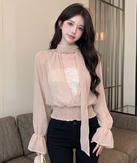 실사 느긋한 바람 페이크 레이어드 리본 칼라 주름 허리 수축 마이크로 ~을 통해 쉬폰 블라우스