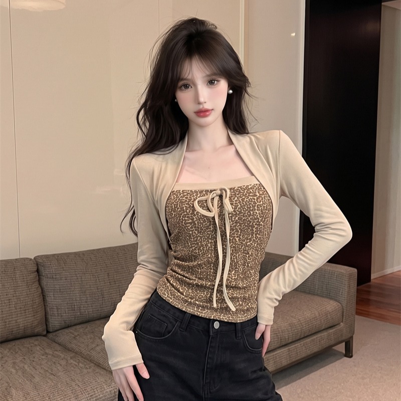 BY33380# 韩系豹纹坎肩假两件长袖T恤女早秋修身显瘦上衣 服裝批發女裝批發服飾貨源