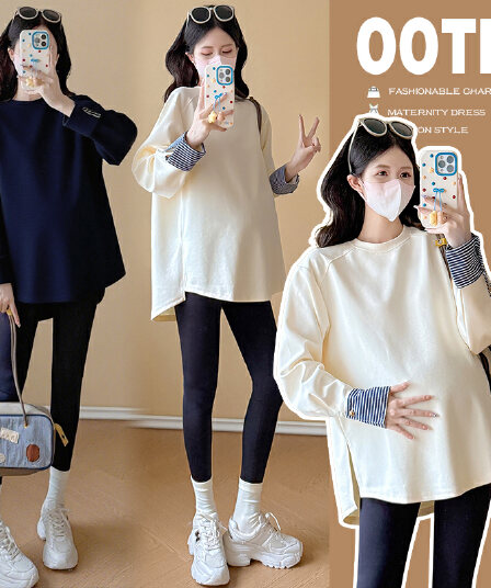 실사 2026 가을 출산 착용 새로운 패션 페이크 레이어드 라운드 넥 맨위 불규칙 밑단 루즈핏 니트 스웨터