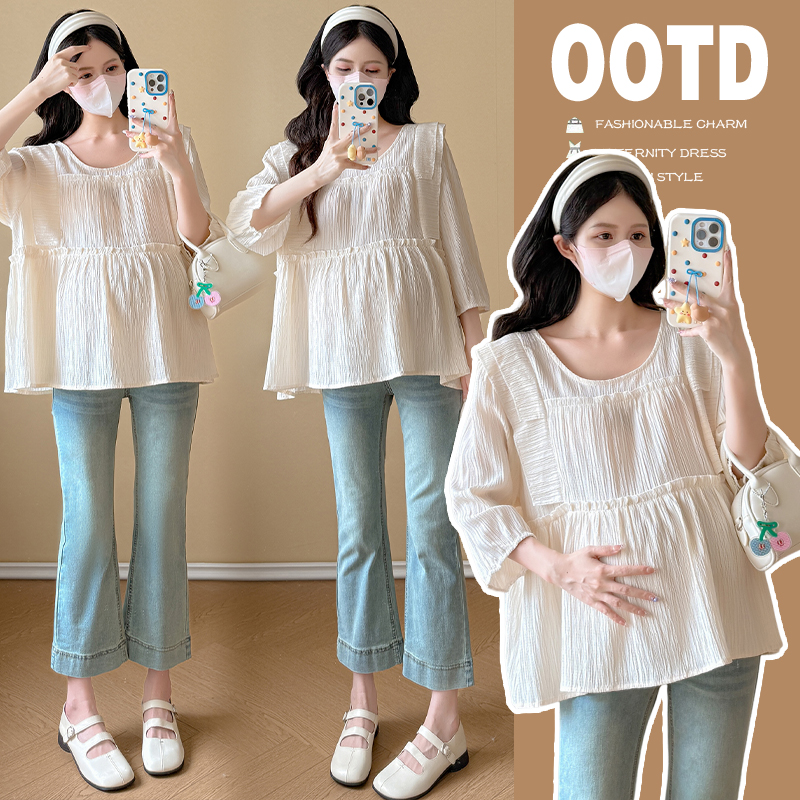 실사 2026 봄 새로운 출산 착용 루즈핏 빅 사이즈 여성 의류 임산부 맨위 봄 가을 라운드 넥 여성 셔츠