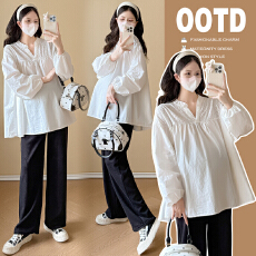 批发实拍孕妇装2026春季新款套装孕妇衬衣裤子两件套装宽松大码女上衣