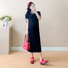 批发实拍夏季新款孕妇连衣裙<b class='q'>中长款</b>针织POLO衫 显瘦孕妇裙