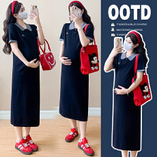 批发实拍夏季新款孕妇连衣裙<b class='q'>中长款</b>针织POLO衫 显瘦孕妇裙