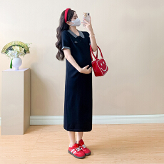 批发实拍夏季新款孕妇连衣裙<b class='q'>中长款</b>针织POLO衫 显瘦孕妇裙