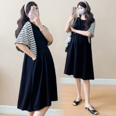 实拍夏季假两件条纹孕妇连衣裙宽松大码中长款针织衫显瘦孕妇裙