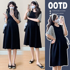 批发实拍夏季假两件条纹孕妇连衣裙宽松<b class='q'>大码</b>中长款<b class='q'>针织衫</b>显瘦孕妇裙