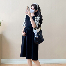 实拍夏季假两件条纹孕妇连衣裙宽松大码中长款针织衫显瘦孕妇裙