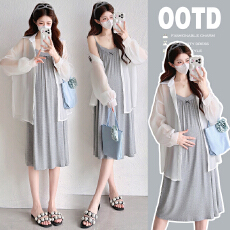 批发实拍夏季防晒衣+吊带裙两件套装连衣裙宽松大码针织衫显瘦孕妇裙