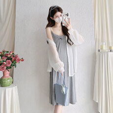 批发实拍夏季防晒衣+吊带裙两件套装连衣裙宽松大码针织衫显瘦孕妇裙