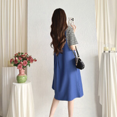 批发实拍夏季<b class='q'>假两件</b>条纹牛仔<b class='q'>连衣裙</b>宽松大码中长款针织衫显瘦孕妇裙