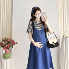 批发实拍夏季<b class='q'>假两件</b>条纹牛仔<b class='q'>连衣裙</b>宽松大码中长款针织衫显瘦孕妇裙