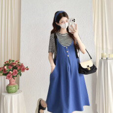 批发实拍夏季<b class='q'>假两件</b>条纹牛仔<b class='q'>连衣裙</b>宽松大码中长款针织衫显瘦孕妇裙