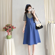 批发实拍夏季<b class='q'>假两件</b>条纹牛仔<b class='q'>连衣裙</b>宽松大码中长款针织衫显瘦孕妇裙