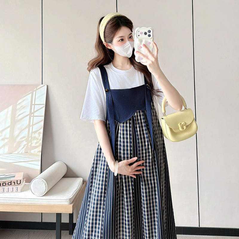 실사 임산부 여름 새로운 패션 빅 사이즈 루즈핏 슬림해 보이는 슬립 멜빵 스커트 화이트 t 반팔 투피스 세트