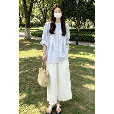 批发实拍 夏季新款孕妇两件套泡泡袖宽松气质衬衫＋阔腿裤套装