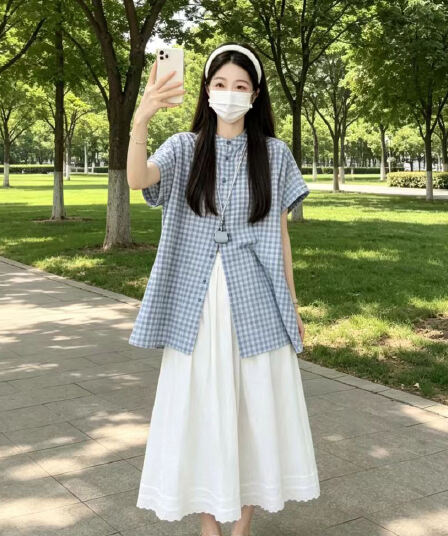 실사 여름 새로운 임산부 투피스 세트 루즈핏 품격 격자 무늬 셔츠 와이드 레그 팬츠 세트
