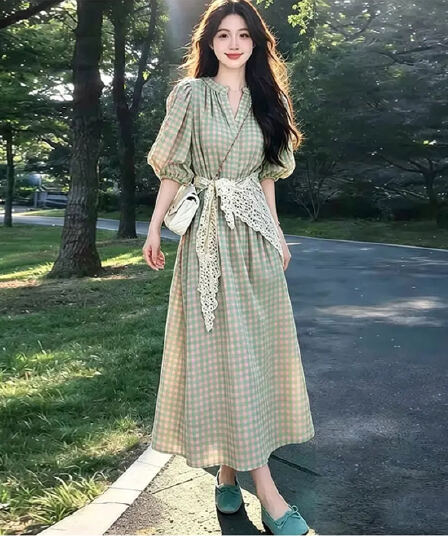 실사 임산부 드레스 여름 신제품 레트로 파란색 체크무늬 품격 드레스 패션 중간 길이 반팔 여성