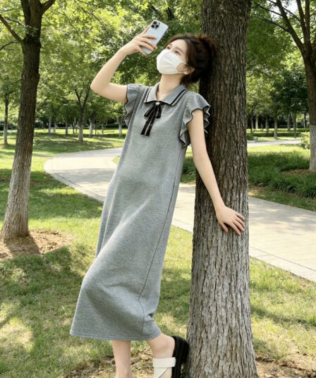실사 여름 새로운 출산 스커트 작은 대중 디자인 센스 캐주얼 슬림해 보이는 표지 고기 중간 길이 드레스 반팔 여성