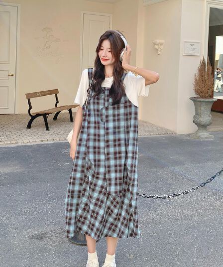 실사 출산 착용 체크무늬 여성 드레스 여름 새로운 한 부서 품격 느슨함 센스 페이크 레이어드 패치워크 슬립 드레스