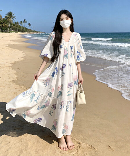 실사 여름 출산 착용 빅 사이즈 휴가 바람 드레스 품격 명문 여성 꽃무늬 거품 소매 V넥 아름다운 작은 치마
