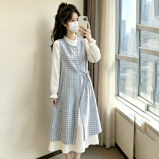 批发实拍孕妇装秋冬新款两件套格子<b class='q'>连衣裙</b>中长款孕妇裙