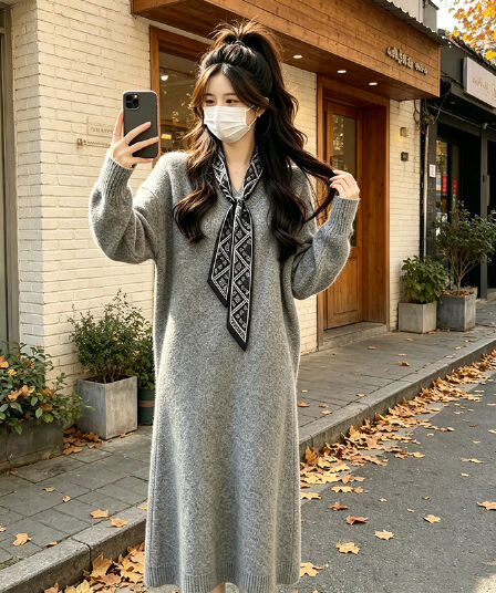 실사 출산 착용 가을 겨울 새로운 중간 길이 니트 드레스 슬림해 보이는 출산 스커트