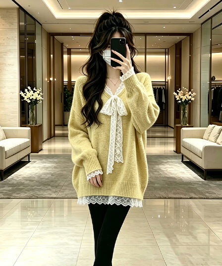 실사 출산 착용 페이크 레이어드 레이스 나비 매듭 패치워크 루즈핏 스웨터 여성 의류 가을 느긋한 바람 니트 스웨터