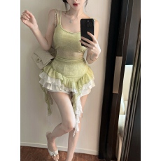 批发实拍实价 纯欲肩带拼蕾丝不规则吊带<b class='q'>上衣</b>百褶裙女春夏套装