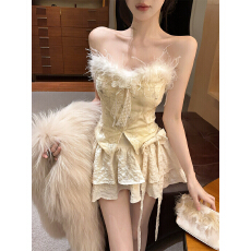 批发实拍实价 甜美蝴蝶结毛毛刺绣重工纯欲抹胸上衣<b class='q'>蓬蓬</b>裙女冬套装