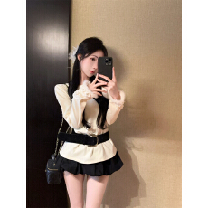 批发实拍实价 法式刺绣毛毛长袖新中式长款上衣针织T+灯笼裙女冬套装