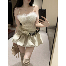 批发实拍实价 高级感毛毛镶钻吊带背心纯欲<b class='q'>蕾丝</b>抹胸上衣短裙女冬套装