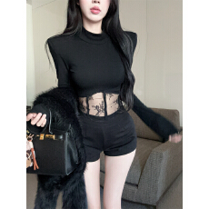批发实拍实价 立领<b class='q'>蕾丝</b>拼接T露腰长袖辣妹打底衫上衣短裤女时尚套装