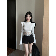 批发实拍实价 立领<b class='q'>蕾丝</b>拼接T露腰长袖耸肩打底衫上衣短裤女时尚套装