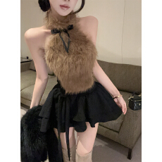 批发实拍实价 纯欲甜辣风毛绒绒挂脖上衣蝴蝶结蓬蓬裙套装女冬