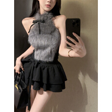 批发实拍实价 纯欲甜辣风毛绒绒挂脖上衣蝴蝶结蓬蓬裙套装女冬